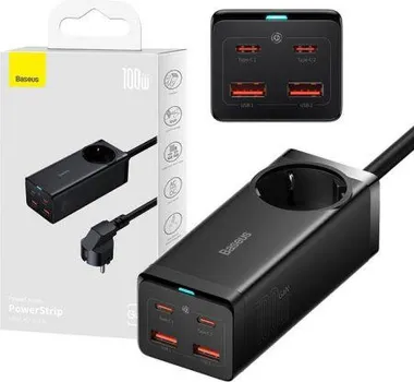 BASEUS PSZM000401 118266 BASEUS GAN3 PRO ZIDNI PUNJAČ/TRAKA 2XUSB + 2XUSB-C + AC, 100W (CRNI) (1 / 2)