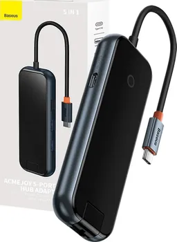 BASEUS ACMEJOY 5-U-1 HUB │ USB-C NA 2XUSB 3.0 + USB 2.0 + USB-C PD + RJ45 │ BRZINA PRIJENOSA DO 500 MB/S │ PODRŠKA ZA BRZO PUNJENJE PD 100 W │ PLUG&PLAY TEHNOLOGIJA (1 / 9)