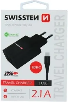 SWISSTEN TRAVEL CHARGER SMART IC WITH 2X USB 2.1A DATA CABLE USB/TYPE C 1.2 M