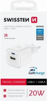 SWISSTEN TRAVEL CHARGER 1X USB-C 20W PD, 1X USB-A 18W QC WHITE