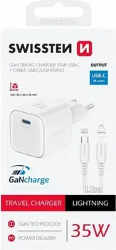 SWISSTEN TRAVEL CHARGER 1X USB-C 35W PD WHITE, DATA CABLE USB-C/LIGHTNING 1.2, WHITE