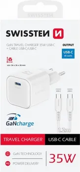 SWISSTEN TRAVEL CHARGER 1X USB-C 35W PD WHITE, DATA CABLE USB-C/ USB-C 1.2 M WHITE