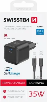 SWISSTEN TRAVEL CHARGER 1X USB-C 35W PD BLACK, DATA CABLE USB-C/LIGHTNING 1.2 M, BLACK