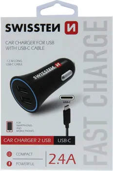 SWISSTEN 2.4A DUAL PORT CAR CHARGER + TYPE-C USB CABLE 20110908 SWISSTEN CAR CHARGER 2.4A POWER 2X USB, CABLE USB-C KABAL DUŽINE 1.2M (3 / 3)