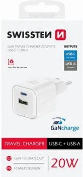 SWISSTEN TRAVEL CHARGER USB-C 20W PD, 1X USB-A 18W QC WHITE