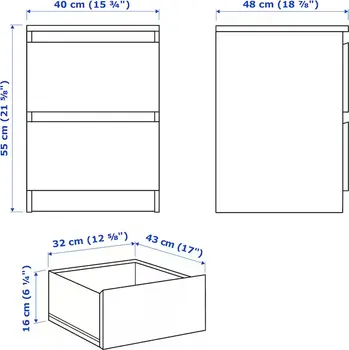 IKEA MALM NOĆNIK SA 2 FIOKE 40X48X55CM, HRASTOV FURNIR