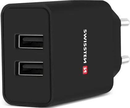 SWISSTEN 22054000 130966 SWISSTEN TRAVEL CHARGER SMART IC WITH 2X USB 2.1 A DATA CABLE USB/TYPE C 1.2 M, BLACK (1 / 3)