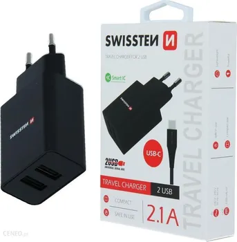 SWISSTEN 22054000 130966 SWISSTEN TRAVEL CHARGER SMART IC WITH 2X USB 2.1 A DATA CABLE USB/TYPE C 1.2 M, BLACK (2 / 3)