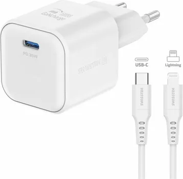 SWISSTEN 22070240 130950 SWISSTEN TRAVEL CHARGER 1X USB-C 35W PD WHITE, DATA CABLE USB-C/LIGHTNING 1.2, WHITE