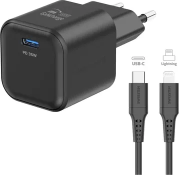 SWISSTEN 22070250 130954 SWISSTEN TRAVEL CHARGER 1X USB-C 35W PD BLACK, DATA CABLE USB-C/LIGHTNING 1.2 M, BLACK