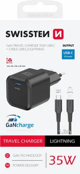 SWISSTEN 22070250 130954 SWISSTEN TRAVEL CHARGER 1X USB-C 35W PD BLACK, DATA CABLE USB-C/LIGHTNING 1.2 M, BLACK