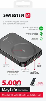 SWISSTEN POWER BANK PD 20W 5000MAH, MAGSAFE KOMPATABILAN, ALUMINIJUMSKA POSTOLJE ZA NAPAJANJE, BEŽIČNO PUNJENJE MAKSIMALNE SNAGE 15W, USB-C PORT SNAGE DO 20 W, SAMO 146 GRAMA, LED INDIKATOR STATUSA PUNJENJA (2 / 2)
