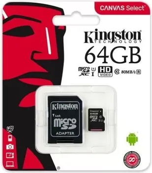 KINGSTON 64GB MICROSDXC + SD ADAPTER SDCS2/64GB KINGSTON MICRO SDHC 64GB CANVAS SELECT PLUS C10 + SD ADAPTER, A1, V10, UP TO 100 (2 / 8)