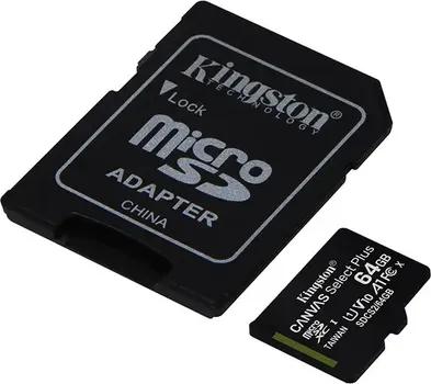 KINGSTON 64GB MICROSDXC + SD ADAPTER SDCS2/64GB KINGSTON MICRO SDHC 64GB CANVAS SELECT PLUS C10 + SD ADAPTER, A1, V10, UP TO 100 (8 / 8)