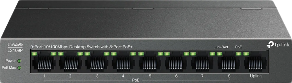 TP-LINK LS109P 9-PORT 10/100MBPS DESKTOP SWITCH WITH 8-PORT POE+, 63 W POE BUDGET, UP TO 250 M (1 / 4)