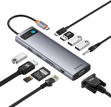 BASEUS STARJOY 11-U-1 (BSU4767) 125371 BASEUS STARJOY 11-U-1 HUB METAL GLEAM SERIES USB HUB (BSU4767) - USB-C NA HDMI +VGA + 3 X USB 3.0 + USB 2.0+USB-C PD + RJ45 + SD/TF +3.5MM - BOJA: SIVA - MATERIJAL: ALUMINIJUMSKA LEGURA - TEŽINA: OTPRILIKE 125G - OPERATIVNI SISTEMI : WINDOWS, APPLE OS, LINUX, VISTA (4 / 5)