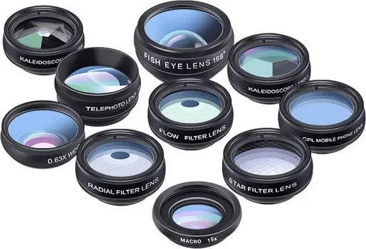 APEXEL APL-DG10 10-U-1 SET OBJEKTIVA ZA TELEFON - UKLJUČUJE: FISH EYE LENS 198° / MACRO LENS 15X / RADIAL FILTER LENS / CPL FILTER LENS / STAR FILTER LENS / KALEIDOSCOPE LENS 6 / KALEIDOSCOPE LENS 3 / WIDE ANGLE LENS 0.63X / TELEPHOTO LENS 2X / FLOW FILTER LENS (1 / 3)