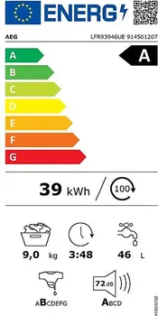 AEG LFR93946UE 9KG/1400RPM KAPACITET: 9 KG, BRZINA CENTRIFUGE: 1400 O/MIN, NIVO BUKE: 72 DB, ENERGETSKA (3 / 3)