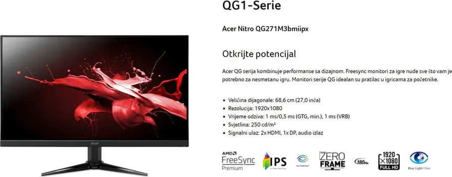 ACER 27 NITRO QG1 FHD 180HZFHD,IPS,250CD,1MS,HDMIX2,DP,SPK+AUDIO OUT,TILT -5 20,VESA 100X100,CRNA (1 / 1)