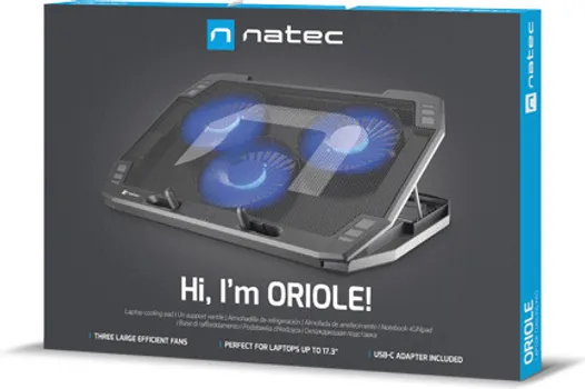 NATEC ORIOLE LAPTOP KULER │ KOMPATIBILNOST DO 17.3-INCH │ 3 VENTILATORA SA TROSTEPENOM REGULACIJOM BRZINE │ METALNI PANEL ZA BOLJU CIRKULACIJU VAZDUHA │ 7 PODEŠAVANJA UGLA NAGIBA │ USB NAPAJANJE (4 / 9)