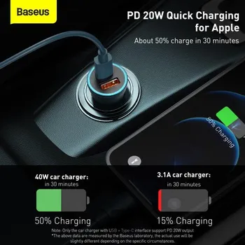 BASEUS GOLDEN CONTACTOR PRO DUAL QUICK CHARGER CAR CHARGER USB / TYPE C 40W AUTOMOBILSKI PUNJAČ ZA TELEFON - MATERIJAL: ALUMINIJUM + ABS + PC - UKUPAN IZLAZ: 20W + 20W (MAX. 40W) - DIMENZIJE: VISINA: 55 MM, PREČNIK: 26.5 MM (4 / 4)