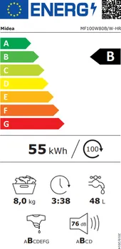 MIDEA MF100W80BA/W-HR │ KAPACITET: 8 KG │ MAKSIMALNA BRZINA CENTRIFUGE: 1400 OBRTAJA/MIN │ TIP MOTORA: BLDC MOTOR │ NIVO BUKE PRI CENTRIFUGIRANJU: 76 DB/B │ BROJ PROGRAMA: 15 │ DIMENZIJE: Š: 59,5 CM × D: 53,3 CM × V: 85 CM (7 / 7)