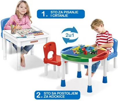 KIDSLAND STO SA DVIJE STOLICE, PODLOGA ZA LEGO KOCKICE I TABLA ZA CRTANJE