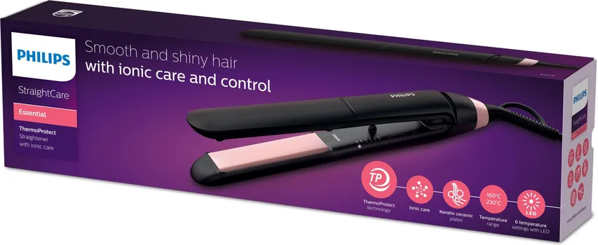 PHILIPS ESSENTIAL THERMOPROTECT BHS378/00 PEGLA ZA KOSU - PODEŠAVANJE NIVOA TOPLOTE: 6 - TEMPERATURA: 160 °C-230 °C - IONIC FUNKCIJA - MATERIJAL PLOČE: KERAMIKA KERATIN - DUŽINA KABLA: 1,8 M - VREME ZAGREVANJA: 30S (2 / 2)