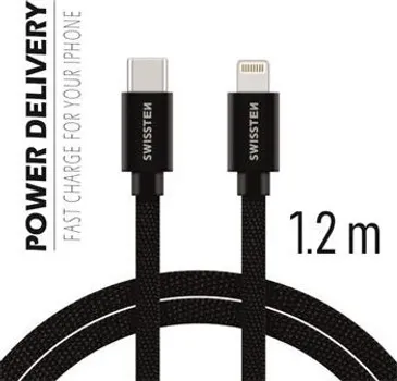 SWISSTEN USB-C - LIGHTNING DATA KABL TEXTILE USB-C/LIGHTNING MFI , BLACK, 1.2 M DUŽINA