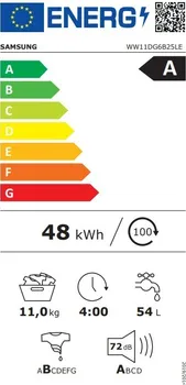 SAMSUNG WW11DG5B25AELE MAŠINA ZA PRANJE VEŠA │ KAPACITET PRANJA: 11 KG │ DIZAJN: BIJELA BOJA, LED DISPLEJ, CRNA UREZANA VRATA SA SREBRNIM DEKOROM │ ENERGETSKA EFIKASNOST: A, 48 KWH/100 CIKLUSA, 54 L VODE PO CIKLUSU │ CENTRIFUGA: 1400 RPM, BUKA 72 DB │ FUNKCIJE: AI ECOBUBBLE, BUBBLE SOAK, ZAKLJUČAVANJE ZA DECU, SMARTTHINGS PODRŠKA │ DIMENZIJE: 600X850X600 MM, TEŽINA 72 KG │ UGRAĐEN WIFI (10 / 11)