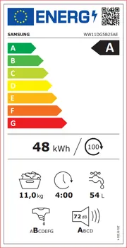 SAMSUNG WW11DG5B25AELE MAŠINA ZA PRANJE VEŠA │ KAPACITET PRANJA: 11 KG │ DIZAJN: BIJELA BOJA, LED DISPLEJ, CRNA UREZANA VRATA SA SREBRNIM DEKOROM │ ENERGETSKA EFIKASNOST: A, 48 KWH/100 CIKLUSA, 54 L VODE PO CIKLUSU │ CENTRIFUGA: 1400 RPM, BUKA 72 DB │ FUNKCIJE: AI ECOBUBBLE, BUBBLE SOAK, ZAKLJUČAVANJE ZA DECU, SMARTTHINGS PODRŠKA │ DIMENZIJE: 600X850X600 MM, TEŽINA 72 KG │ UGRAĐEN WIFI (11 / 11)