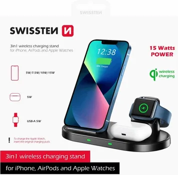 APPLE SWISSTEN WIRELESS CHARGER 3IN1 (22055609) │ SNAGA PUNJENJA: 5 W / 7.5 W / 10 W / 15 W │ IZLAZ ZA SLUŠALICE: 5 W │ USB IZLAZ (IWATCH): 5 V, 1 A │ DIMENZIJE: 188 X 113 X 96.3 MM │ TEŽINA: 320 G │ MATERIJAL: PC + ABS │ KOMPATIBILNOST: IPHONE, WATCH, GALAXY WATCH, AIRPODS, GALAXY BUDS (2 / 7)