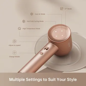 DREAME HAIR GLORY FEN ZA KOSU │ NAPON: 220-240V 50/60HZ │ BRZINA STRUJANJA VAZDUHA: 70 M/S │ NAČINI RADA: 4 TEMPERATURE, 2 BRZINE │ IONIZACIJA: 300M ANIONI PLATINE ZA NJEGU KOSE │ BUKA: 76 DB │ LED INDIKATOR TEMPERATURE (6 / 7)