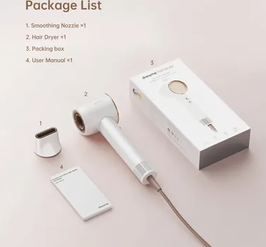 DREAME HAIR GLORY FEN ZA KOSU │ NAPON: 220-240V 50/60HZ │ BRZINA STRUJANJA VAZDUHA: 70 M/S │ NAČINI RADA: 4 TEMPERATURE, 2 BRZINE │ IONIZACIJA: 300M ANIONI PLATINE ZA NJEGU KOSE │ BUKA: 76 DB │ LED INDIKATOR TEMPERATURE (7 / 7)