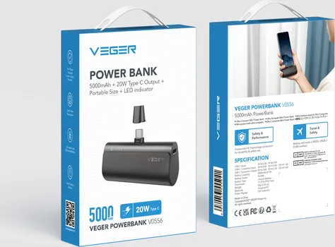 VEGER POWERBANK 5 000 MAH WITH BUILT-IN CONNECTOR TYPE C PD QC3.0 3A 20W PLUGON (W0556) BLACK (9 / 9)