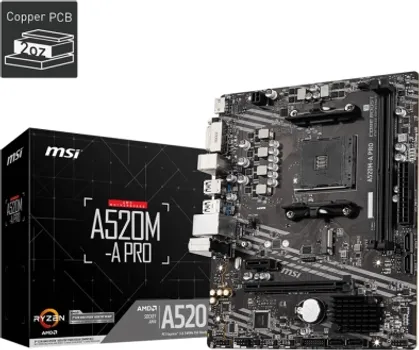 MSI MAIN BOARD DESKTOP A520M-A PRO (A520, AM4, 2XDDR4, 1X PCI-E 3.0 X16 SLOT,1X M.2 SLOT,4X USB 3.2 GEN1,2X USB 2.0,1X HDMI,1X DVI-D,GIGABIT LAN,7.1 HD AUDIO, MATX, RETAIL) (1 / 5)