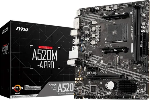 MSI MAIN BOARD DESKTOP A520M-A PRO (A520, AM4, 2XDDR4, 1X PCI-E 3.0 X16 SLOT,1X M.2 SLOT,4X USB 3.2 GEN1,2X USB 2.0,1X HDMI,1X DVI-D,GIGABIT LAN,7.1 HD AUDIO, MATX, RETAIL) (1 / 3)