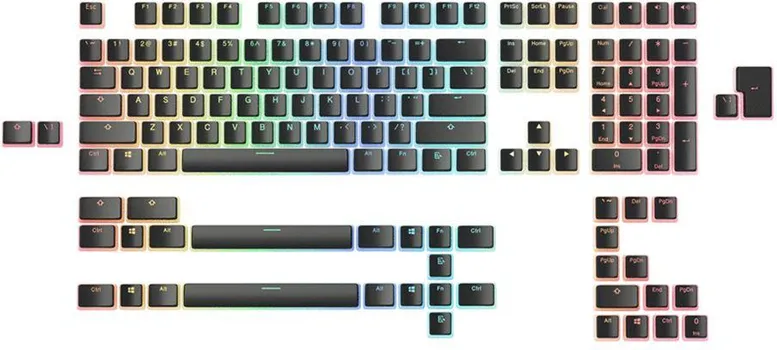 GLORIOUS GLORIOUS AURA KEYCAPS - BOJA: CRNA - BROJ KOMADA: 145 - MATERIJAL: PBT PLASTIKA - RASPORED TASTERA: US (ANSI) - KOMPATTIBILNOST SA CHERRY MX I SLIČNIM SWITCH-EVIMA - UKLJUČENI SU SPECIJALNI TASTERI RAZLIČITIH DUŽINA