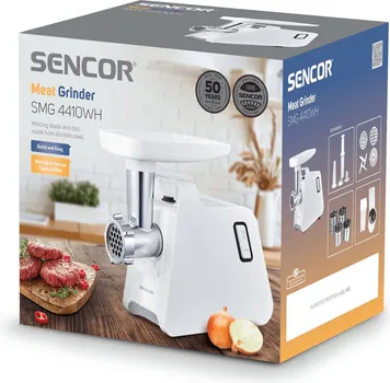 SENCOR SMG 4410WH MLIN ZA MESO │ SNAGA: 1400W │ KAPACITET MLEVENJA: 100G/H │ BOJA: BIJELA │ MATERIJAL: PLASTIČNA POSUDA, ČELIČNI DODACI │ DODATNA OPREMA: 3 DODATKA ZA MLEVENJE (3MM, 5MM, 7MM), DODATAK ZA KOBASICE, POTISKIVAČ HRANE │ NEKLIZAJUĆE NOŽICE, BRZO MLEVENJE RAZLIČITIH VRSTA MESA