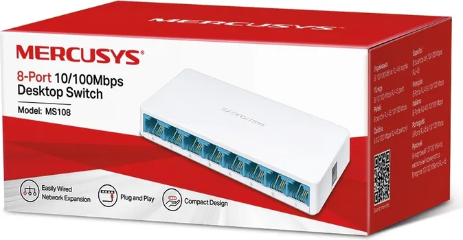 MERCUSYS MS108 8-PORT 10/100MBPS DESKTOP SWITCH, 8 X 10/100 MBPS RJ-45 PORTS (4 / 4)