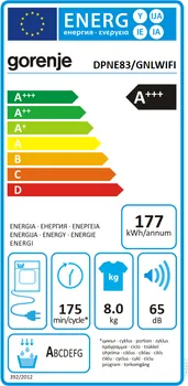 GORENJE DPNE83/GNLWIFI [8KG / A+++ / 16 PROGRAMS / 600X850X625MM / 65DB / 47.3KG] (10 / 10)