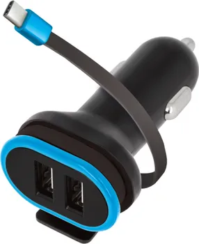 FOREVER CC-02 CAR CHARGER 2X USB 3A BLACK WITH USB-C CABLE 0,2 M