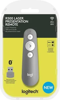 LOGITECH R500S MID GREY WIRELESS PRESENTER │ LASER: KLASA 1, 640-660 NM (CRVENO SVJETLO), MAX. IZLAZ 0.039 MW │ INDIKATORI: LED ZA BATERIJU I POVEZIVANJE │ APLIKACIJA: LOGI OPTIONS+ (WINDOWS, MACOS) │ POVEZIVANJE: BLUETOOTH LE, 2.4GHZ │ DOMET: DO 20 M