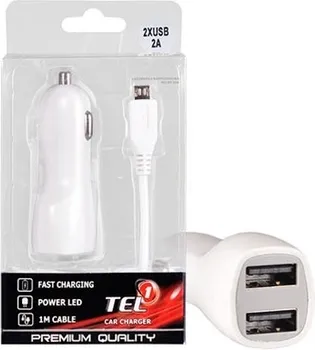 AUTO PUNJAČ ZA MOBITEL TEL1 2XUSB 2A WHITE + MICROUSB CABLE (1 / 1)