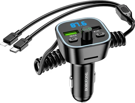 BOROFONE FM TRANSMITER BLUETOOTH SA USB PUNJAĆEM I KABLOM TYPE-C + IPHONE/LIGHTNING BC45 PRESTIGE QC3.0 2-IN-1 CARWITH BLACK (1 / 1)