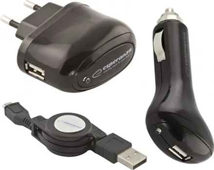 ESPERANZA USB PUNJACI + MICROUSB KABL, 3IN1 SET, DC 12-24V, AC 100-240V, OUT 5V/1000MA, EZ116 (1 / 6)
