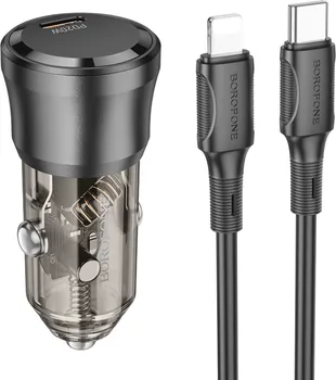 BOROFONE AUTO PUNJAČ SA KABLOM 1M TYPE-C TO IPHONE/LIGHTNING BZ24 CLEVER SINGLE PORT PD20W TYPE-C CAR SET TRANSPARENT BLACK (1 / 1)
