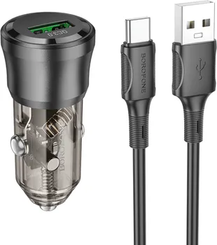 BOROFONE AUTO PUNJAČ SA KABLOM 1M USB TO TYPE-C BZ23 NOBLE SINGLE-PORT QC3.0 CAR USB SET TRANSPARENT BLACK (1 / 1)