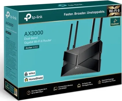 2402 MBPS (802.11AX, HE160), 574 MBPS (802.11AX), IEEE 802.11AX/AC/N/A 5 GHZ, IEEE 802.11AX/N/B/G 2.4 GHZ, 4× FIXED HIGH-PERFORMANCE ANTENNAS, HIGH-POWER FEM, 1× GIGABIT WAN PORT, 4× GIGABIT LAN PORTS, 12 V ⎓ 2 A, CE, ROHS (TP-LINK AX53 AX3000 WIFI 6 DUAL BAND GIGABIT ROUTER) (3 / 3)