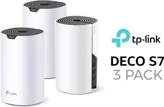 AC1900 WHOLE HOME MESH WI-FI SYSTEMSPEED: 600 MBPS AT 2.4 GHZ +1300 MBPS AT 5 GHZSEPC: 3× INTERNAL ANTENNAS, 3× GIGABIT PORTS (WAN/LAN AUTO-SENSING)FEATURE: DECO APP, ROUTER/AP MODE, IPV6, IPTV, PARENTAL CONTROLS, QOS, MU-MIMO, BEAMFORMING, ALEXA (ACCESS POINT TP-LINK DECO S7 AC1900 3-PACK) (3 / 4)